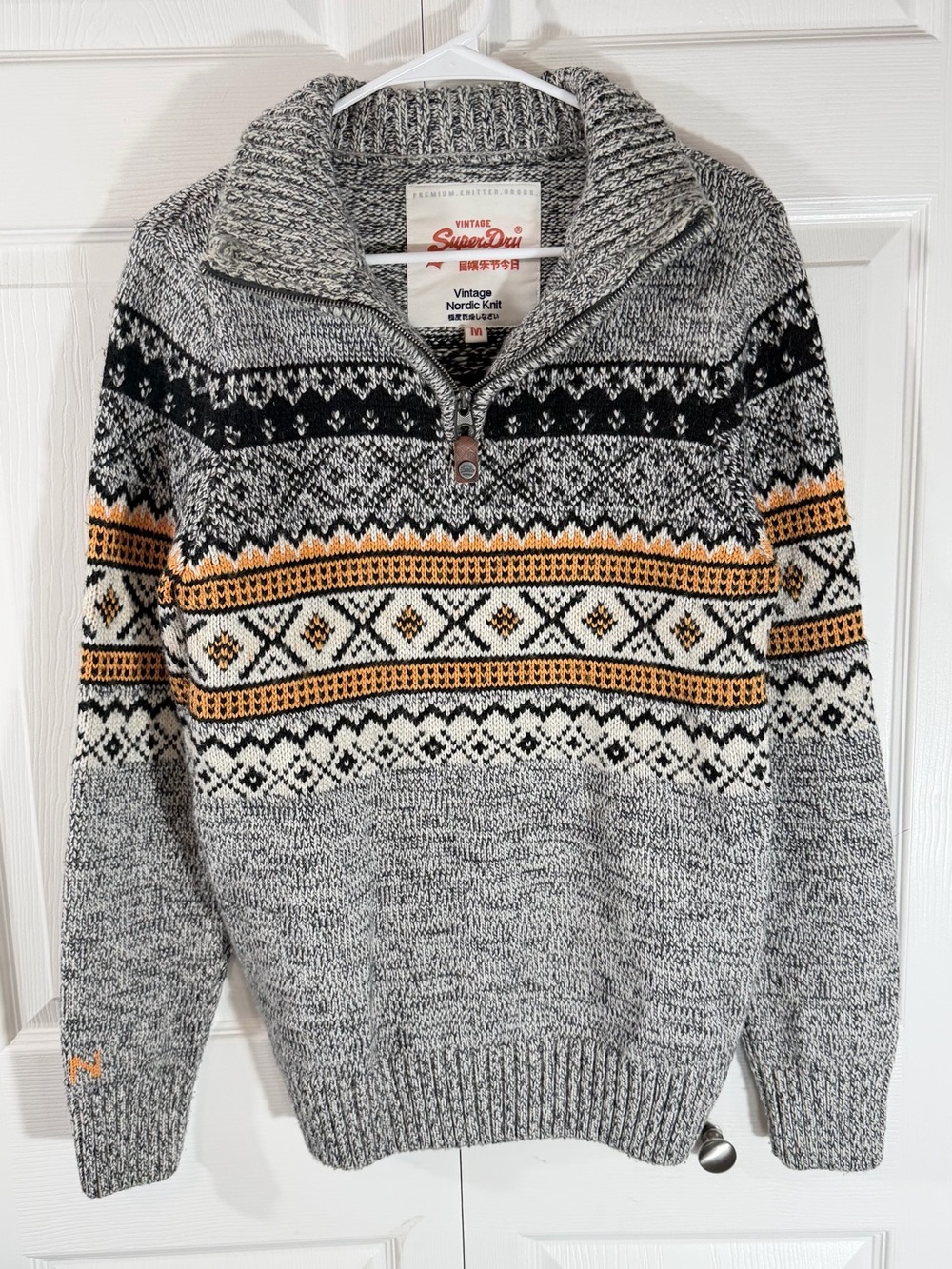 Superdry Vintage Nordic Knit Fair Isle Quarter Zip Sweater Gray Men’s Medium